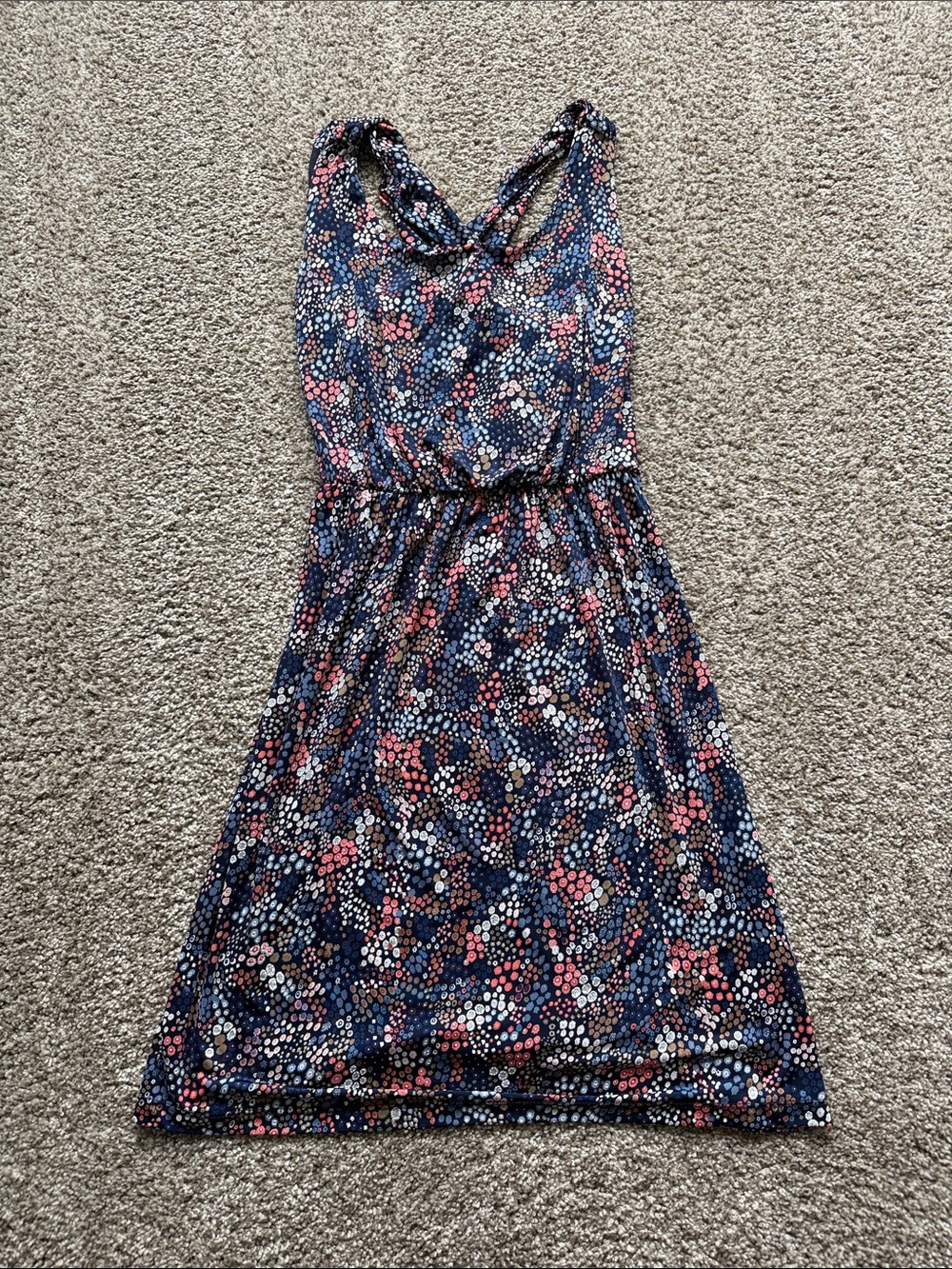 Kaileigh Navy Floral Midi Dress with Pink & White Dots